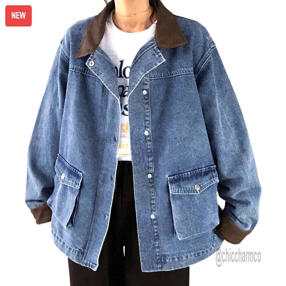 Oversized Denim Jacket Y2K Vintage Relaxed Fit Faux Leather Collar Trendy
